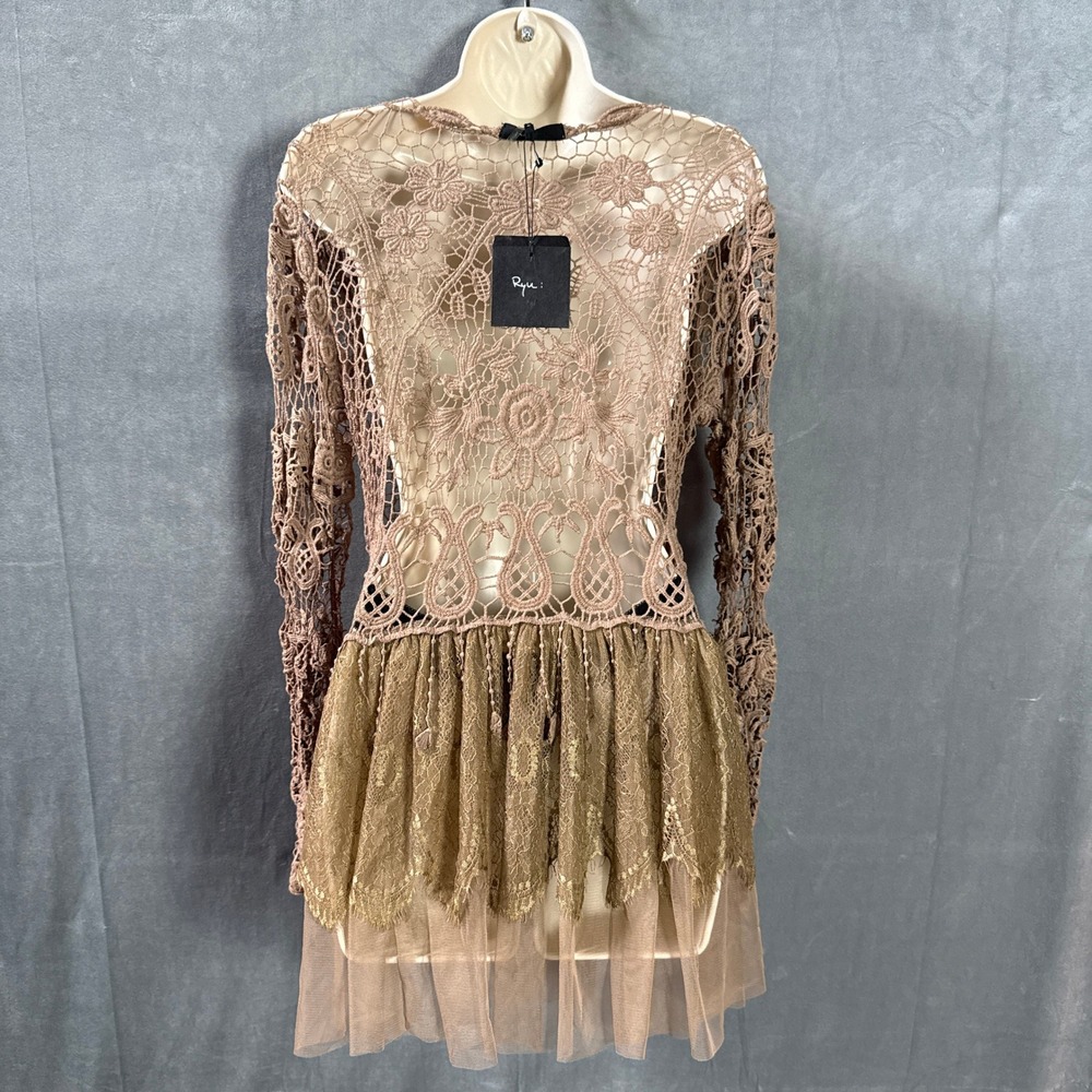 Ryu Crochet Lace Tiered Dress Cardigan Brown S/M NWT Y2K Fairycore Boho Festiva - Picture 4 of 16
